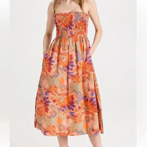 Mikoh Lido Women's Size 1 XS Vivid Floral Dress Midi Shirred Strapless Pockets